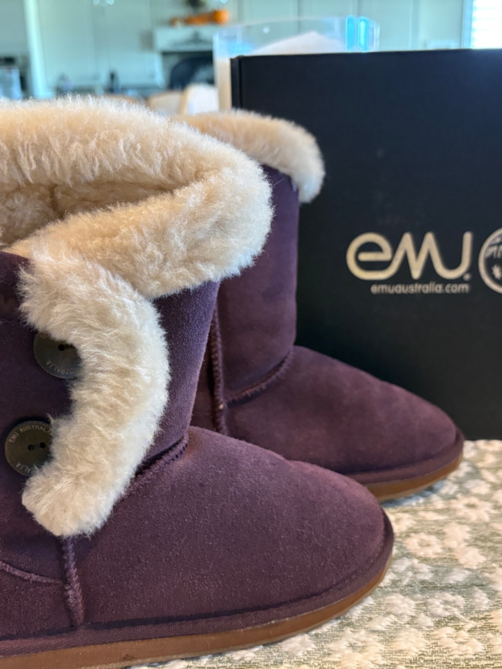 Emu Kids Plum Suede Shearling Button Boots